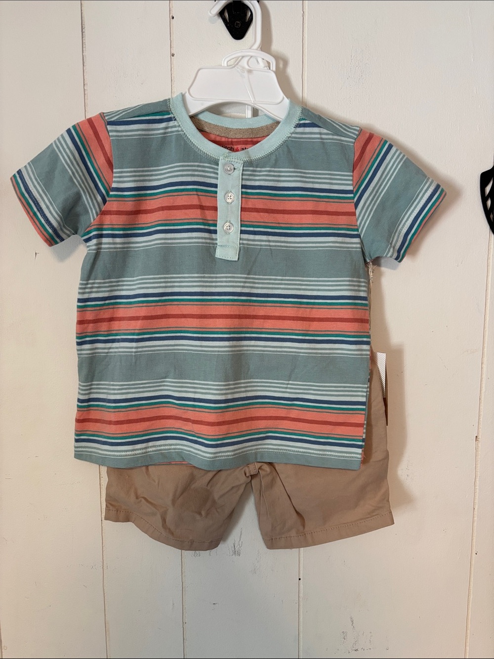375 - Striped Short-Sleeve Henley Tee in Teal and Coral - Kids - NEW